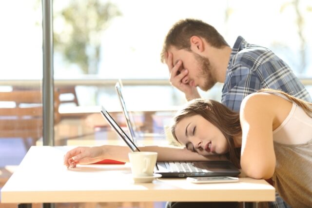 Tired students surrendering to fatigue